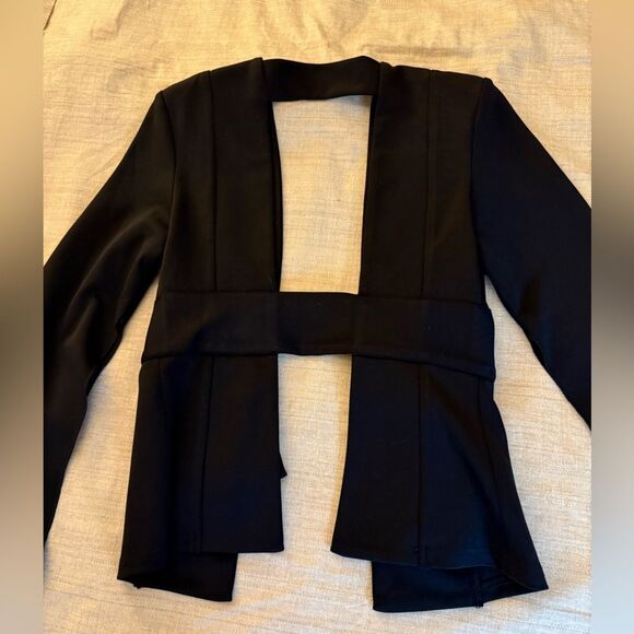 Black Belted Blazer with Open Back & Long Bell Sleeve split to elbow. Size XS. - Picture 4 of 5